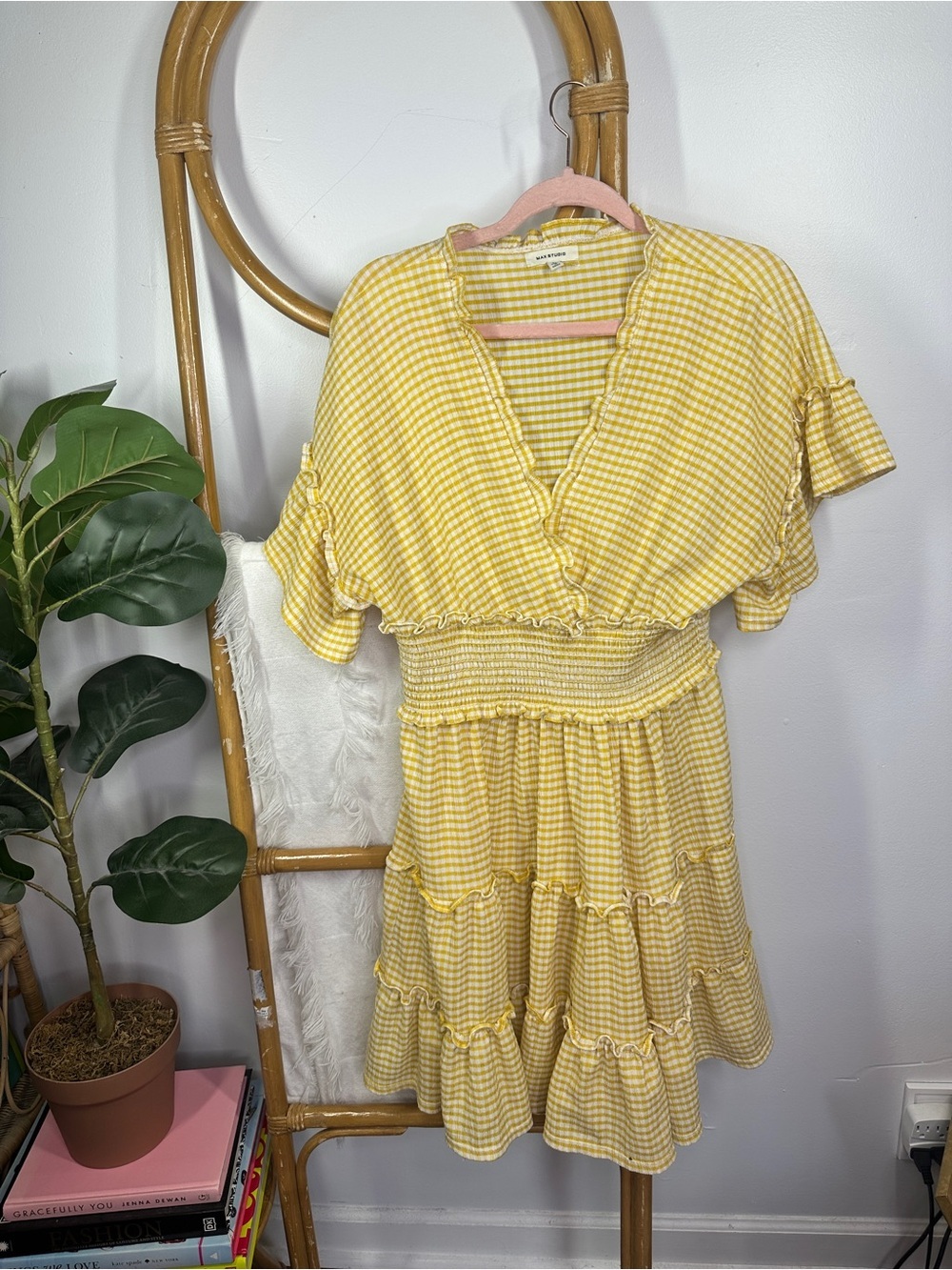 Max Studio Yellow and White Striped V Neck Mini Dress sz L